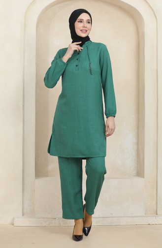 Button Detailed Tunic Trousers Two Piece Suit 1004-02 Green 1004-02