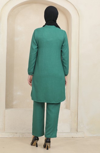 Button Detailed Tunic Trousers Two Piece Suit 1004-02 Green 1004-02