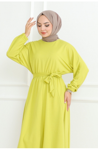 Gathered Waist Belted Dress 2051-01 Acid Green 2051-01