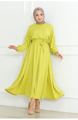 Gathered Waist Belted Dress 2051-01 Acid Green 2051-01