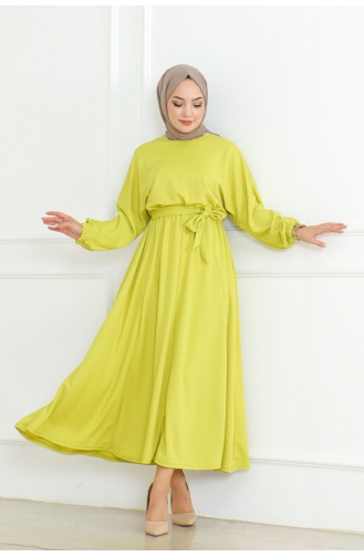 Gathered Waist Belted Dress 2051-01 Acid Green 2051-01