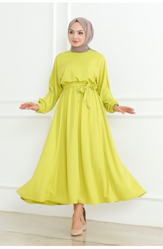 Gathered Waist Belted Dress 2051-01 Acid Green 2051-01