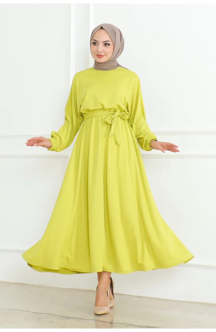 Robe A Ceinture Et Taille Froncée 2051-01 Vert Acide 2051-01