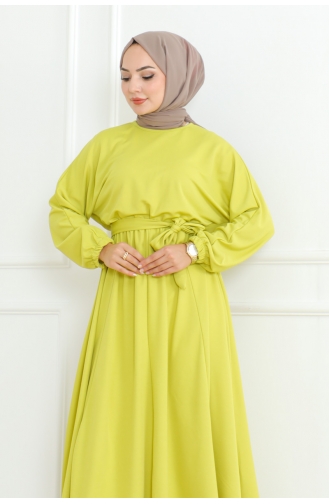 Gathered Waist Belted Dress 2051-01 Acid Green 2051-01