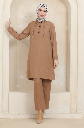 Button Detailed Tunic Trousers Two Piece Suit 1004-01 Milky Coffee 1004-01