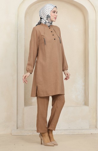 Button Detailed Tunic Trousers Two Piece Suit 1004-01 Milky Coffee 1004-01