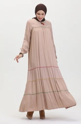 Farbiges Gerafftes Kleid Mit Overlocks 25Y1173-04 Beige 25Y1173-04