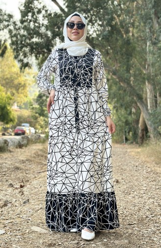 Desenli Viskon Elbise 0131-02 Beyaz Siyah