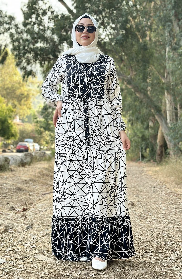 Robe en Viscose à Motifs 0131-02 Blanc Noir 0131-02