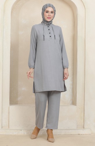 Button Detailed Tunic Trousers Two Piece Suit 1004-05 Gray 1004-05