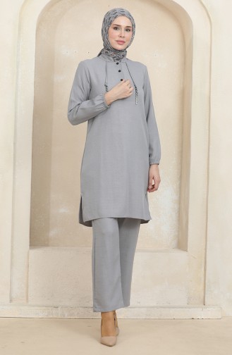 Button Detailed Tunic Trousers Two Piece Suit 1004-05 Gray 1004-05