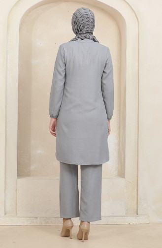 Button Detailed Tunic Trousers Two Piece Suit 1004-05 Gray 1004-05