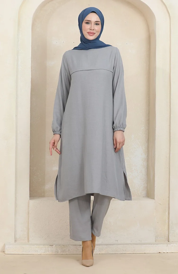 Tunika-Hosen-Doppelanzug Mit Elastischen Ärmeln 1005-04 Grau 1005-04