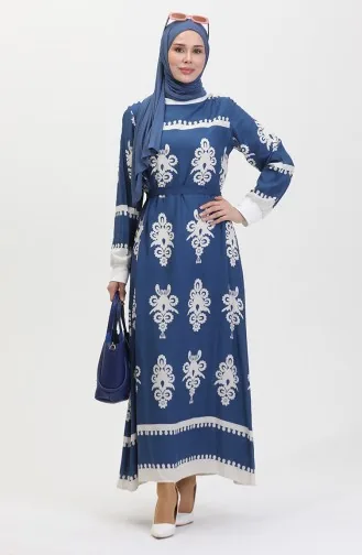 Robe Viscose A Motifs Et Ceinturée 0443-01 Indigo 0443-01