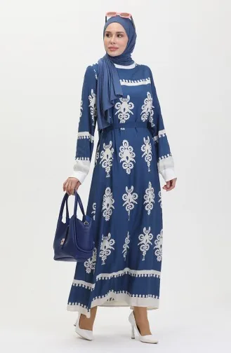 Robe Viscose A Motifs Et Ceinturée 0443-01 Indigo 0443-01