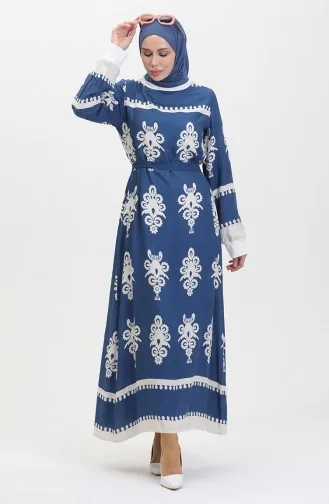 Robe Viscose A Motifs Et Ceinturée 0443-01 Indigo 0443-01