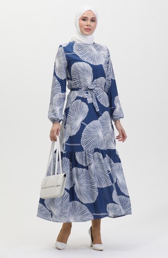 Gemustertes Kleid Mit Gürtel 0445-04 Indigo 0445-04