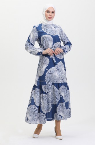 Gemustertes Kleid Mit Gürtel 0445-04 Indigo 0445-04
