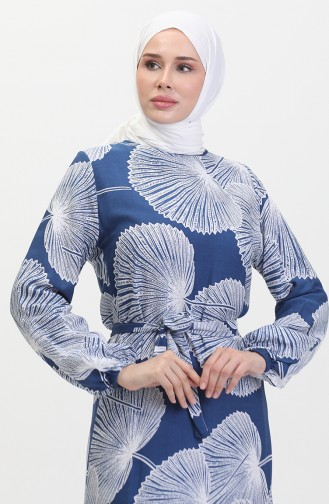 Gemustertes Kleid Mit Gürtel 0445-04 Indigo 0445-04