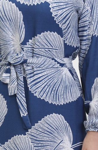 Gemustertes Kleid Mit Gürtel 0445-04 Indigo 0445-04