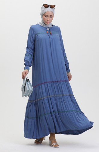 Overlocked Colored Smocked Dress 25y1173-02 İndigo 25Y1173-02