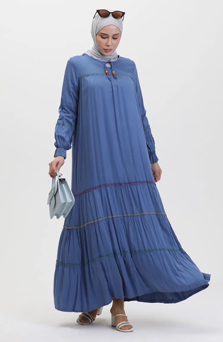 Robe Froncee Colorée Avec Surjets 25Y1173-02 Indigo 25Y1173-02