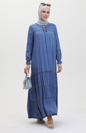 Overlocked Colored Smocked Dress 25y1173-02 İndigo 25Y1173-02