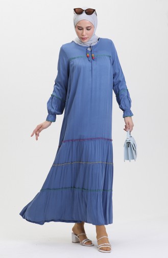 Overlocked Colored Smocked Dress 25y1173-02 İndigo 25Y1173-02