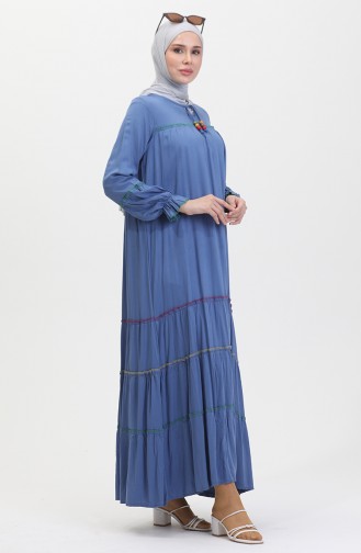 Overlocked Colored Smocked Dress 25y1173-02 İndigo 25Y1173-02