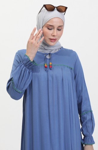 Overlocked Colored Smocked Dress 25y1173-02 İndigo 25Y1173-02