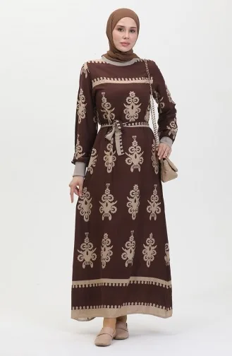 Viscose-jurk Met Patroon En Riem 0443-03 Bruin 0443-03