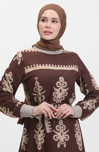 Viscose-jurk Met Patroon En Riem 0443-03 Bruin 0443-03