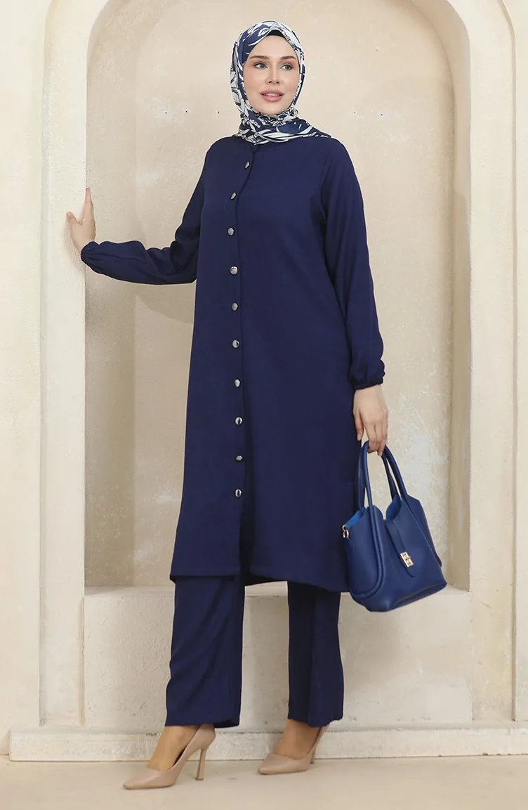 Düğmeli Tunik Pantolon İkili Takım 1002-04 Lacivert
