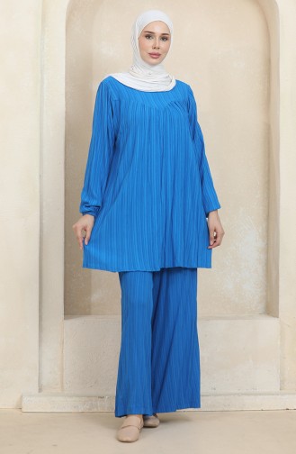 Ensemble Double Pantalon Tunique Détaillée à Rassembler 1001-03 Bleu 1001-03