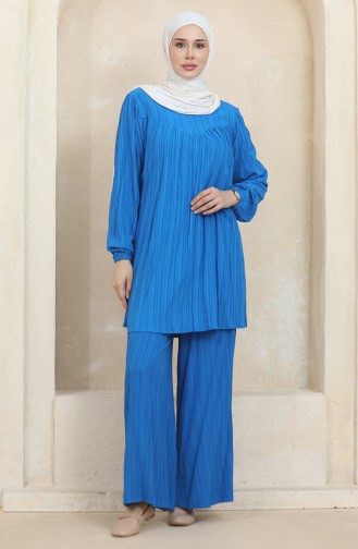 Ensemble Double Pantalon Tunique Détaillée à Rassembler 1001-03 Bleu 1001-03