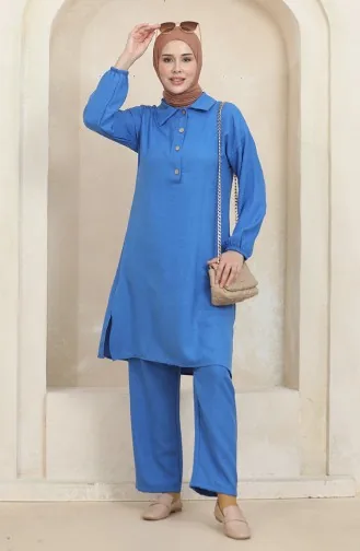 Ensemble Deux Pièces Tunique Pantalon Col Chemise 1003-01 Bleu 1003-01