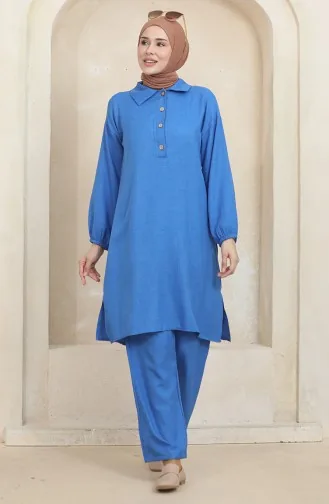 Gömlek Yaka Tunik Pantolon İkili Takım 1003-01 Mavi