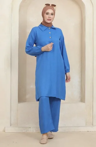 Gömlek Yaka Tunik Pantolon İkili Takım 1003-01 Mavi
