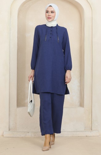 Button Detailed Tunic Trousers Two Piece Set 1004-03 Saxe 1004-03