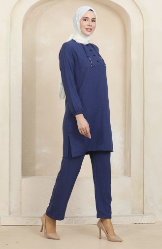 Button Detailed Tunic Trousers Two Piece Set 1004-03 Saxe 1004-03