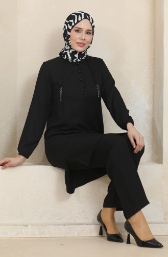 Button Detailed Tunic Trousers Two Piece Suit 1004-06 Black 1004-06