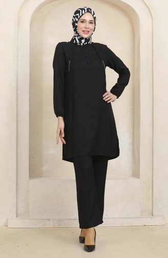 Button Detailed Tunic Trousers Two Piece Suit 1004-06 Black 1004-06