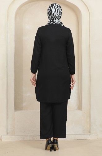 Button Detailed Tunic Trousers Two Piece Suit 1004-06 Black 1004-06