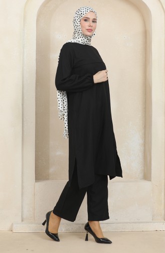 Ensemble Deux Pièces Tunique Pantalon Manches Elastiques 1005-01 Noir 1005-01