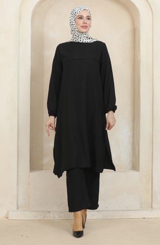Ensemble Deux Pièces Tunique Pantalon Manches Elastiques 1005-01 Noir 1005-01