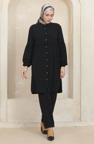 Ensemble Double Pantalon Tunique à Fronces En Tissu Aerobin 1006-05 Noir 1006-05