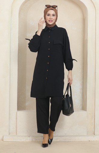 Pocket Buttoned Tunic Trousers Double Suit 1007-01 Black 1007-01