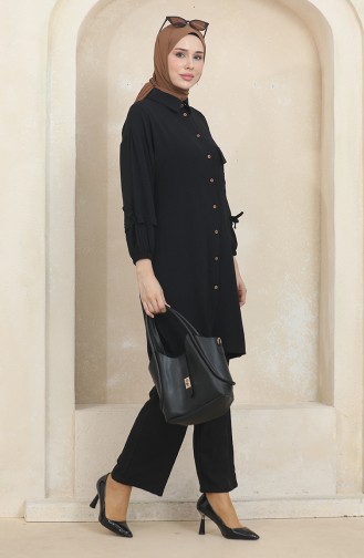 Pocket Buttoned Tunic Trousers Double Suit 1007-01 Black 1007-01