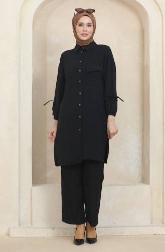 Pocket Buttoned Tunic Trousers Double Suit 1007-01 Black 1007-01