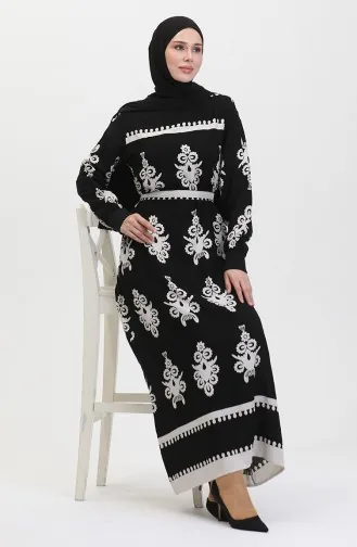 Gemustertes Viskosekleid Mit Gürtel 0443-02 Schwarz 0443-02